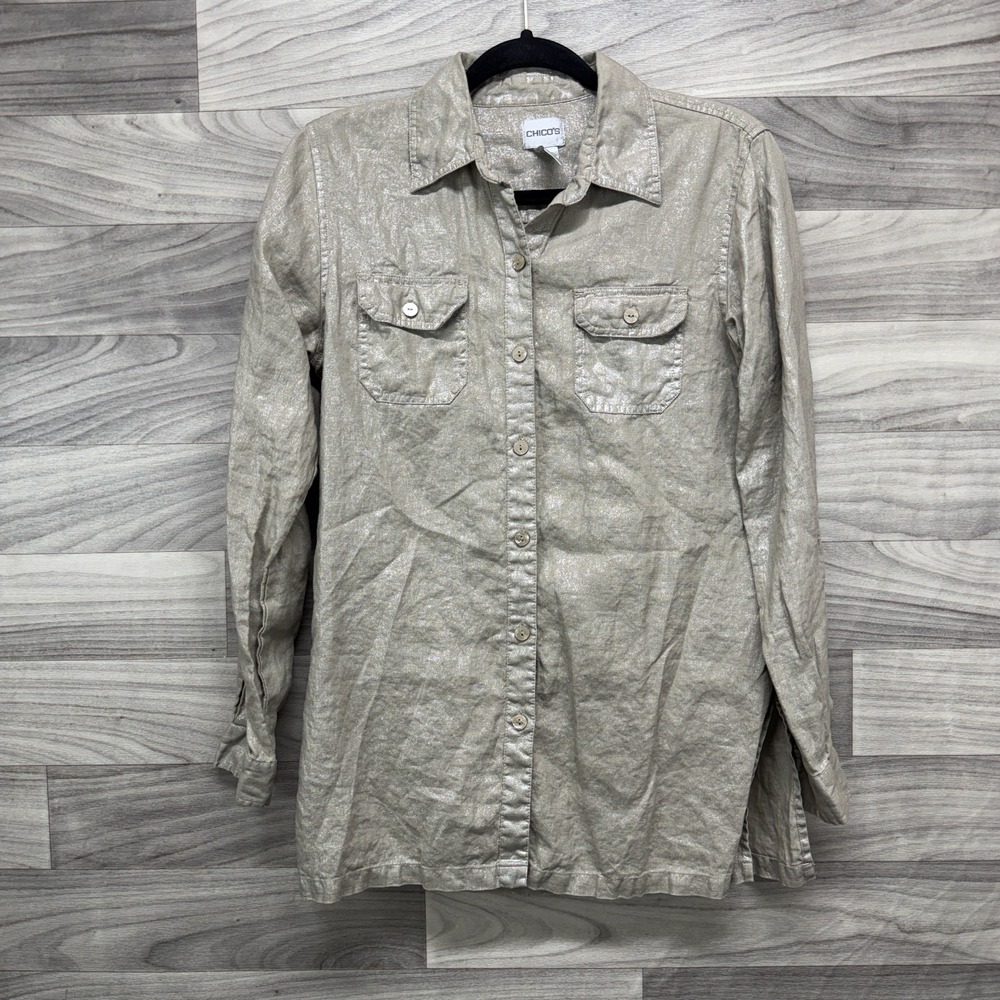 Chico's Shirt‎ Women's Small/ 0 Beige Long Sleeve 100% Linen Collared Button-Up